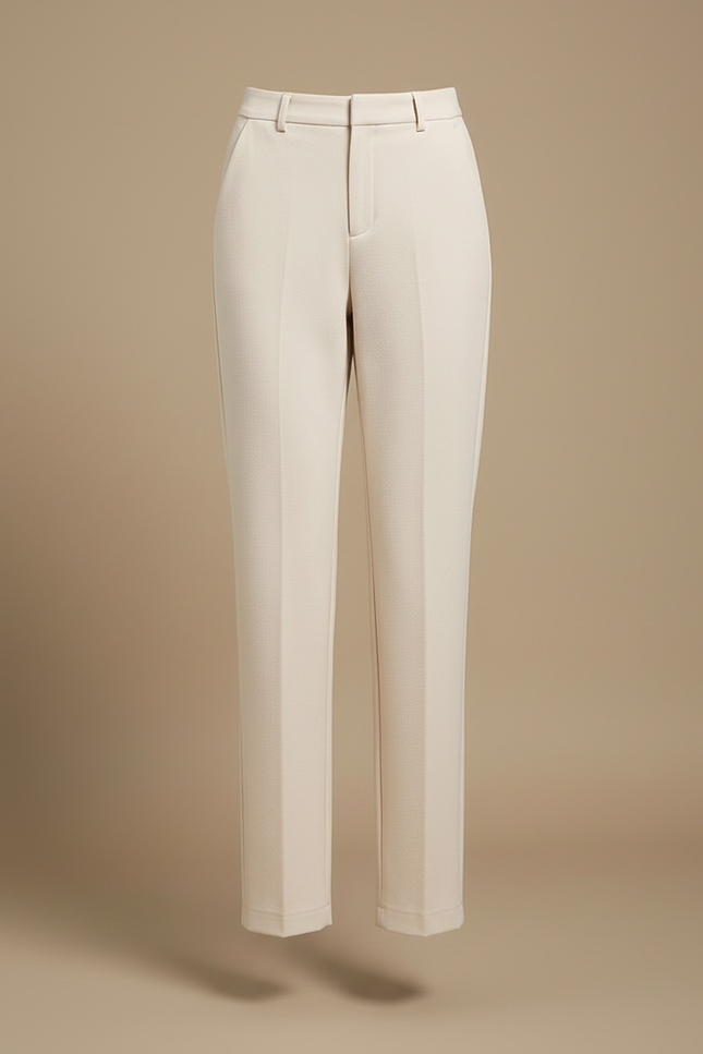 Pantalon Blanc Droit Laine Élégant Taille Haute - Beige - vue 3