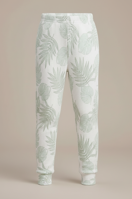Pantalon Blanc Côtelé Imprimé Feuilles Fille Confortable - Maille - vue 3