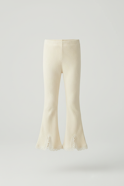 Pantalon Blanc Évasé Côtelé Dentelle Fille Confortable - Beige Maille - vue 3
