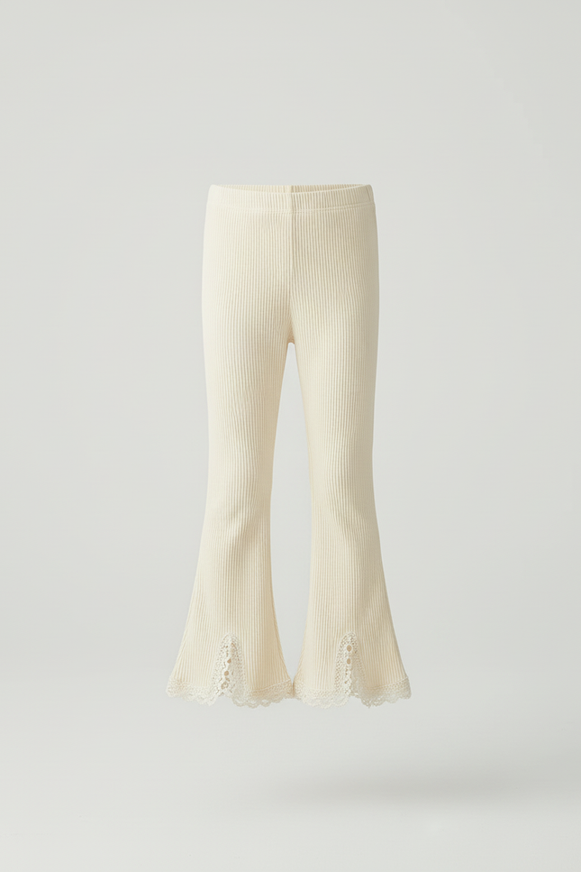 Pantalon Blanc Évasé Côtelé Dentelle Fille Confortable - Beige Maille - vue 3