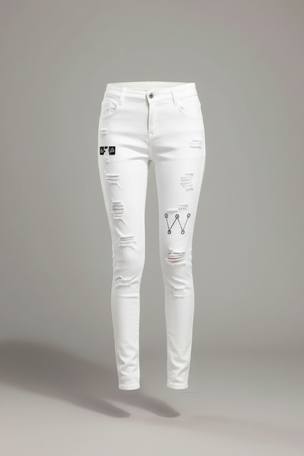 Pantalon Blanc Femme Slim Brodé Délavé - Jean - vue 3