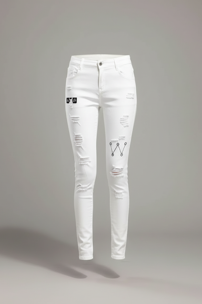 Pantalon Blanc Femme Slim Brodé Délavé - Jean - vue 3