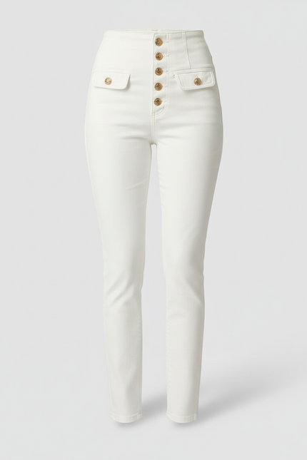 Pantalon Blanc Taille Haute Boutons Dorés Slim Femme - Jean - vue 3