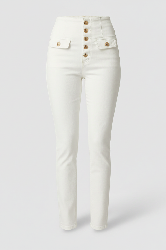 Pantalon Blanc Taille Haute Boutons Dorés Slim Femme - Jean - vue 3