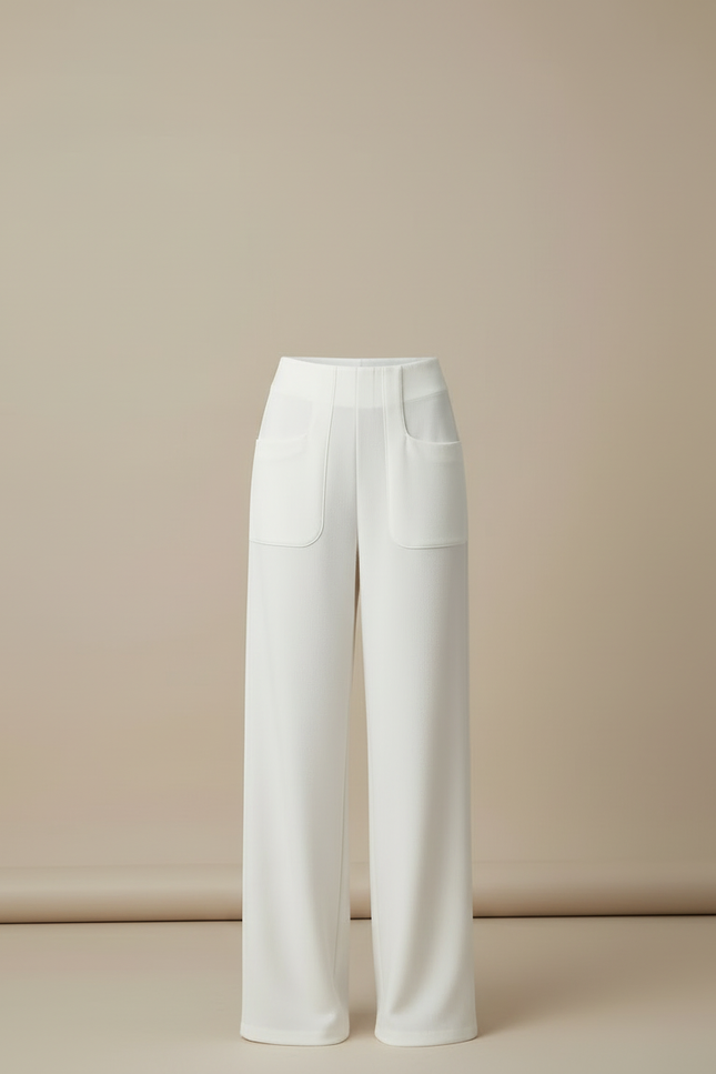 Pantalon Blanc Évasé Taille Haute Élégant Femme - Polyester - vue 3