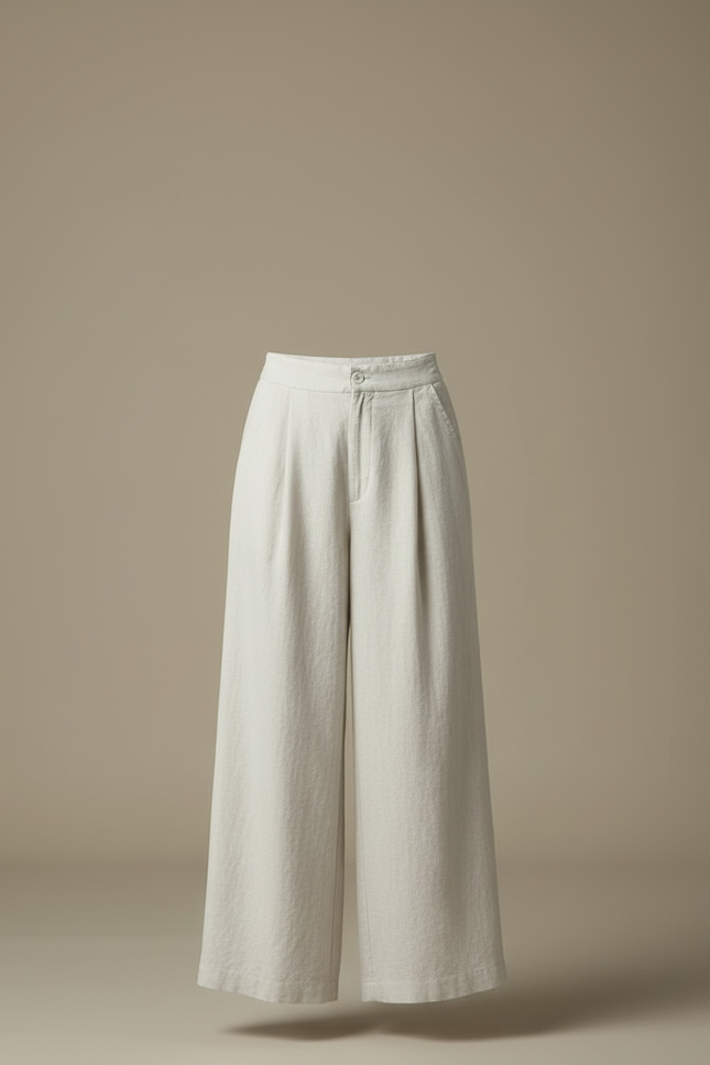 Pantalon Blanc Ample Lin Plissé Décontracté Femme - Beige - vue 3
