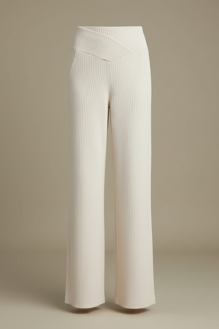 Pantalon Blanc Côtelé Ample Confortable Élégant Femme - Beige Maille - vue 3