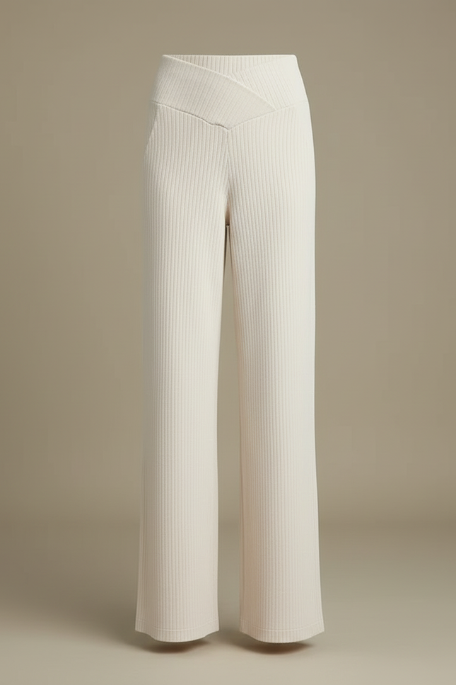 Pantalon Blanc Côtelé Ample Confortable Élégant Femme - Beige Maille - vue 3