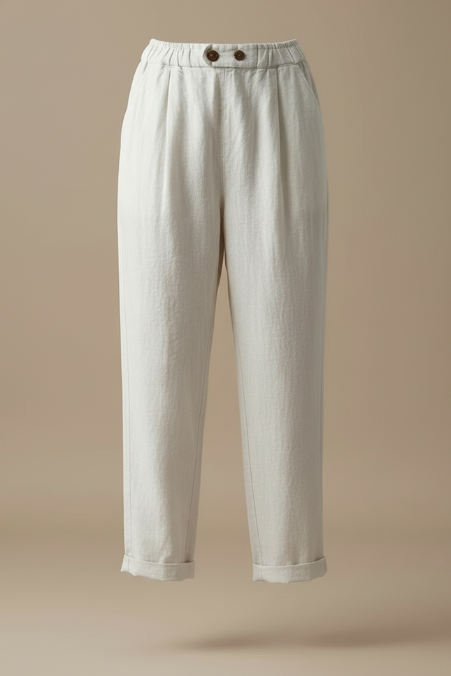 Pantalon Blanc Lin Taille Haute Ample Confortable Décontracté - Beige - vue 3