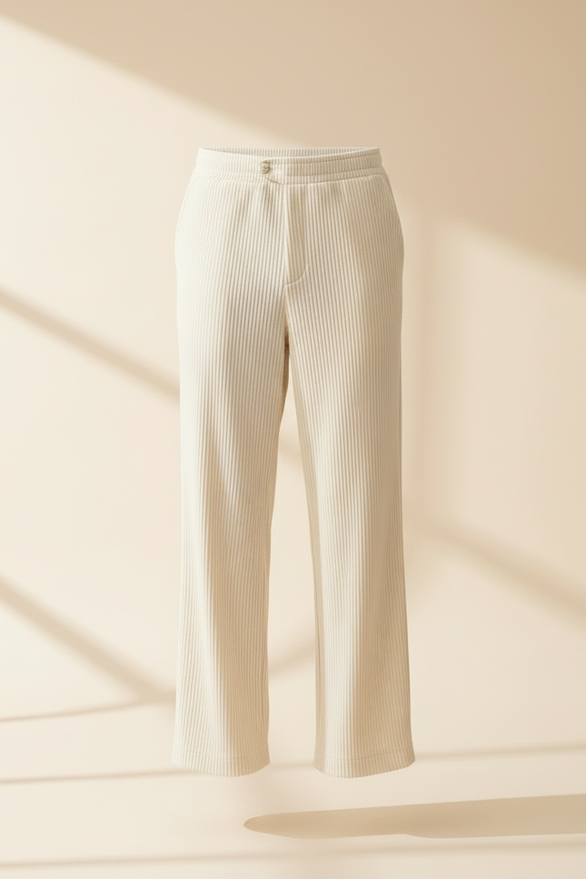 Pantalon Blanc Côtelé Ample Droit Décontracté Homme - Cordé - vue 3