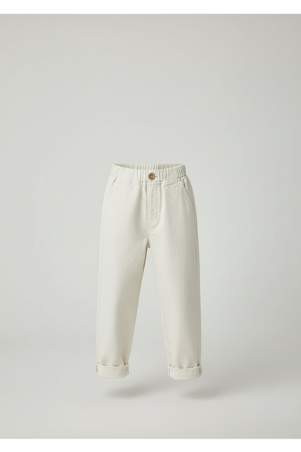 Pantalon Blanc Coton Ample Décontracté Enfant Simple - Beige Toile - vue 3