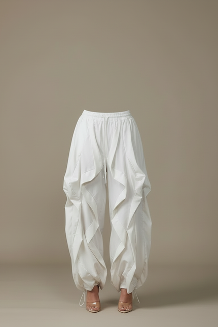Pantalon Blanc Cargo Ample Plissé Femme - Polyester - vue 3