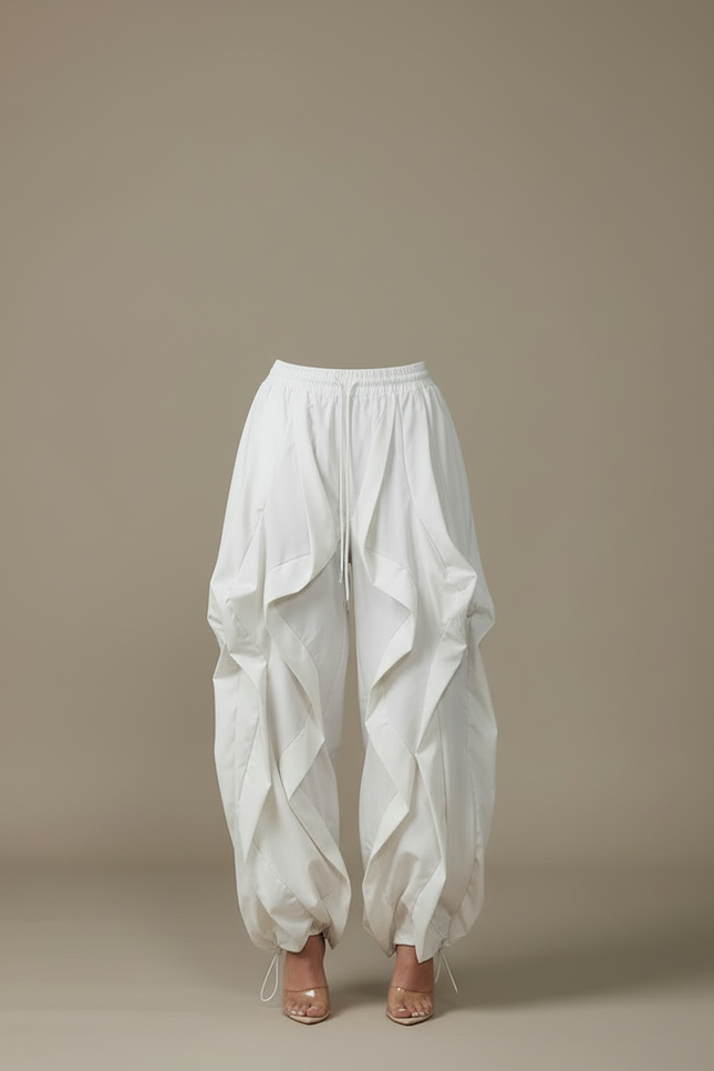 Pantalon Blanc Cargo Ample Plissé Femme - Polyester - vue 3