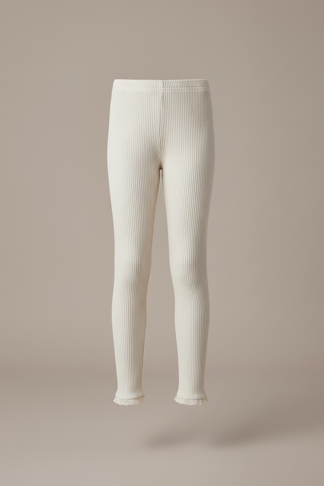 Pantalon Blanc Tricoté Côtelé Confortable Enfant Fille - Beige Maille - vue 3