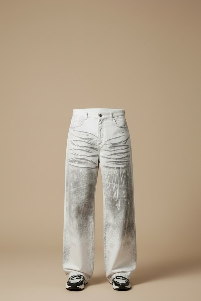 Pantalon Blanc Décontracté Large Délavé Imprimé Homme - Jean - vue 3