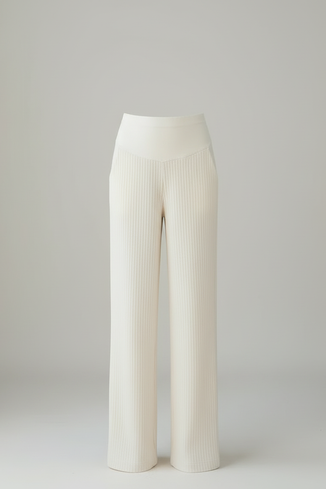 Pantalon Blanc Côtelé Ample Taille Haute Femme - Maille - vue 3