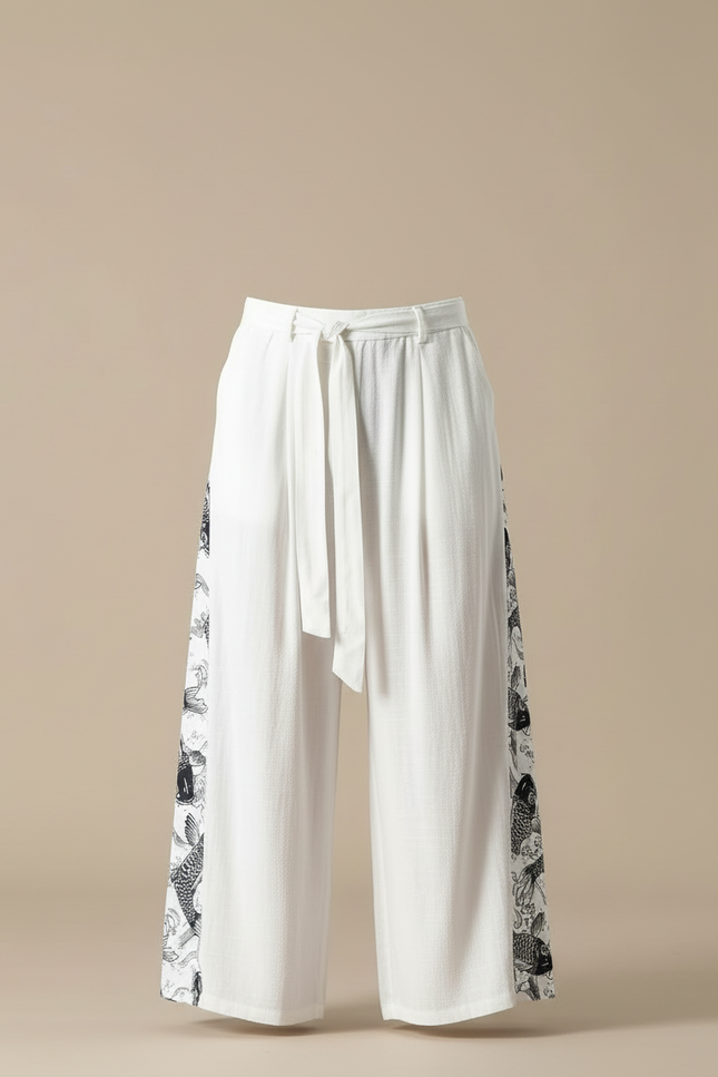 Pantalon Blanc Ample Lin Motif Carpe Chinois - vue 3