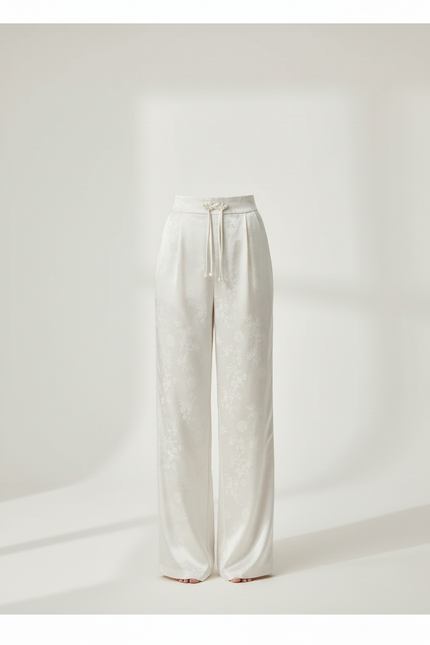 Pantalon Blanc Satin Jacquard Ample Élégant - vue 3