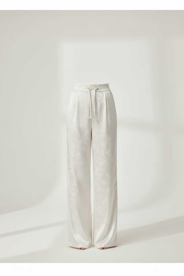 Pantalon Blanc Satin Jacquard Ample Élégant - vue 3