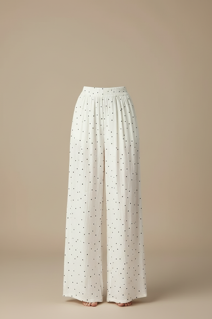 Pantalon Blanc Fluide Ample Décontracté À Pois - Lin - vue 3