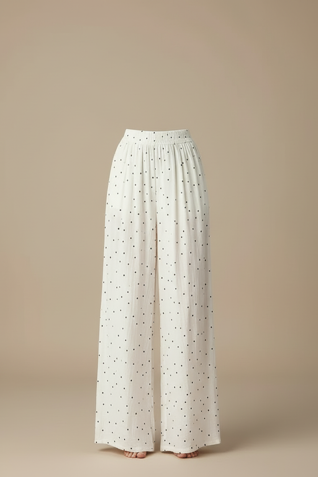 Pantalon Blanc Fluide Ample Décontracté À Pois - Lin - vue 3