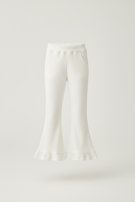 Pantalon Blanc Évasé Côtelé Volants Fille - Maille - vue 3