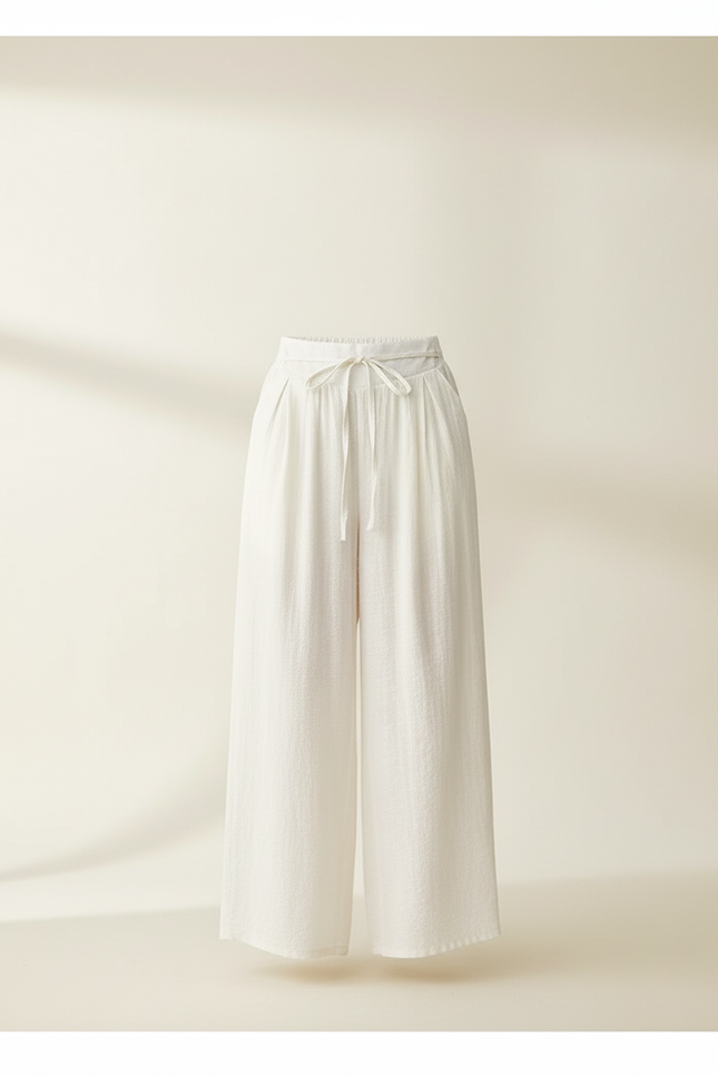 Pantalon Blanc Fluide Ample Lin Cordon Décontracté Femme - vue 3