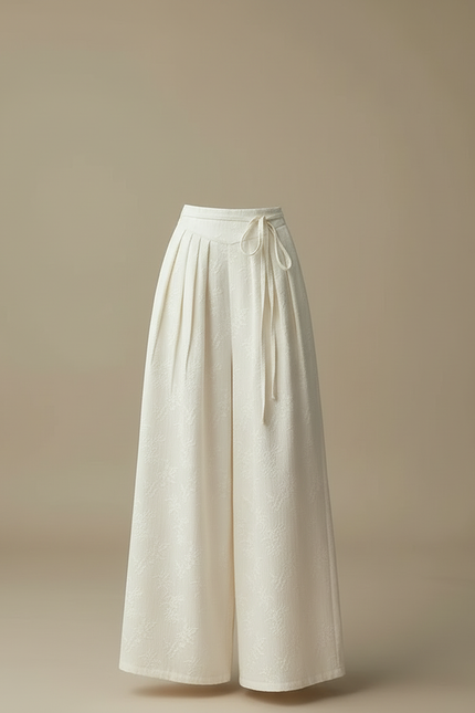 Pantalon Blanc Plissé Ample Motif Floral Élégant - Polyester - vue 3