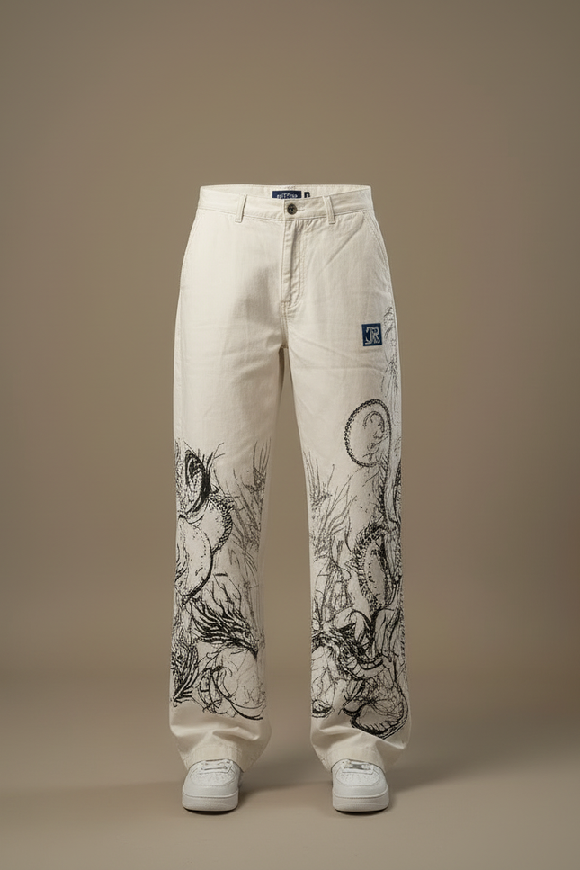 Pantalon Blanc Cargo Imprimé Dragon Streetwear Ample - Toile - vue 3