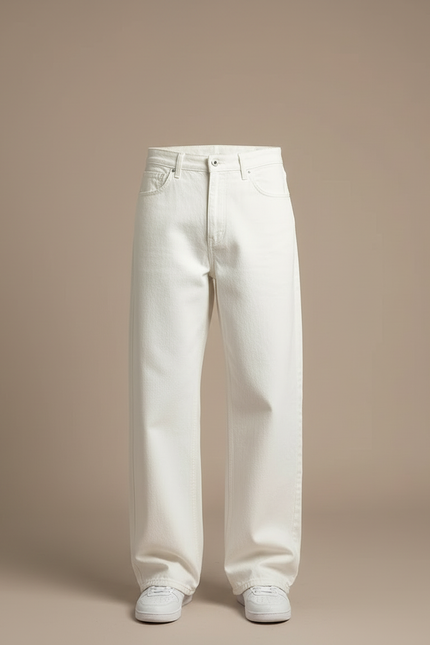 Pantalon Blanc Denim Ample Droit Décontracté Homme - Jean - vue 3
