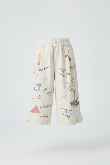 Pantalon Blanc Coton Ample Imprimé Dessins Enfant - Beige - vue 3