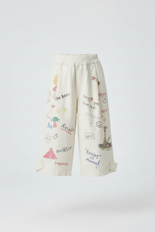 Pantalon Blanc Coton Ample Imprimé Dessins Enfant - Beige - vue 3