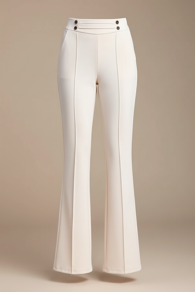 Pantalon Blanc Évasé Taille Haute Élégant Boutons - Beige Polyester - vue 3