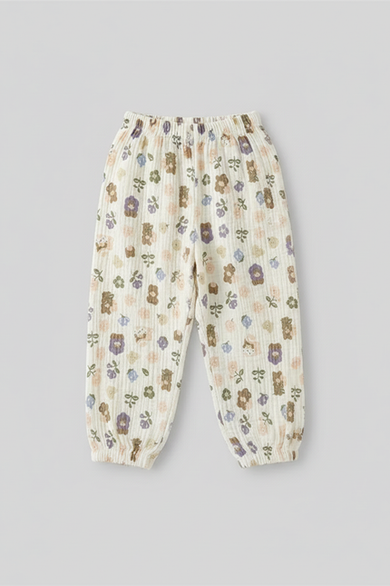 Pantalon Blanc Mousseline Motif Ours Fleuri Enfant Ample - Coton - vue 2