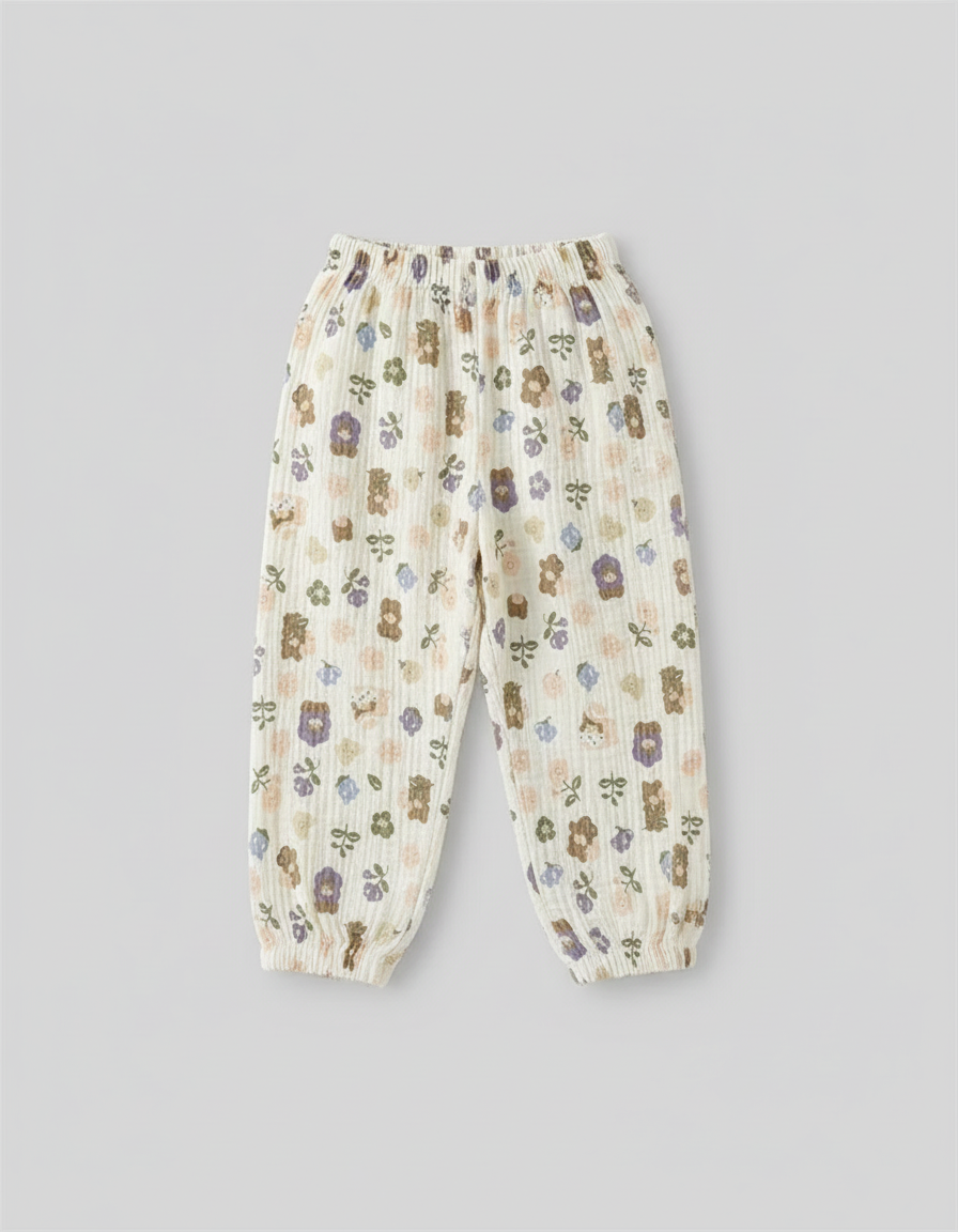 Pantalon Blanc Mousseline Motif Ours Fleuri Enfant Ample - Coton - vue 2