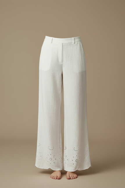 Pantalon Blanc Large Lin Brodé Décontracté Élégant - vue 3