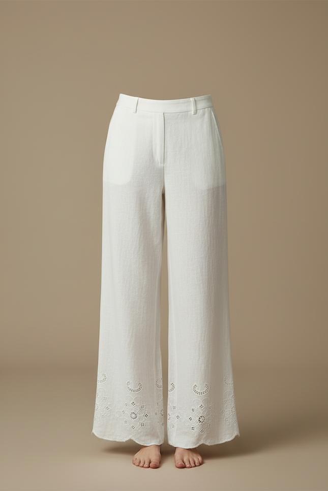 Pantalon Blanc Large Lin Brodé Décontracté Élégant - vue 3
