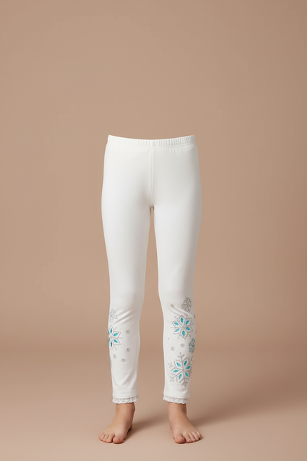 Pantalon Blanc Fille Slim Flocons Brodés Hiver - Molleton - vue 3