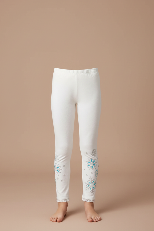 Pantalon Blanc Fille Slim Flocons Brodés Hiver - Molleton - vue 3