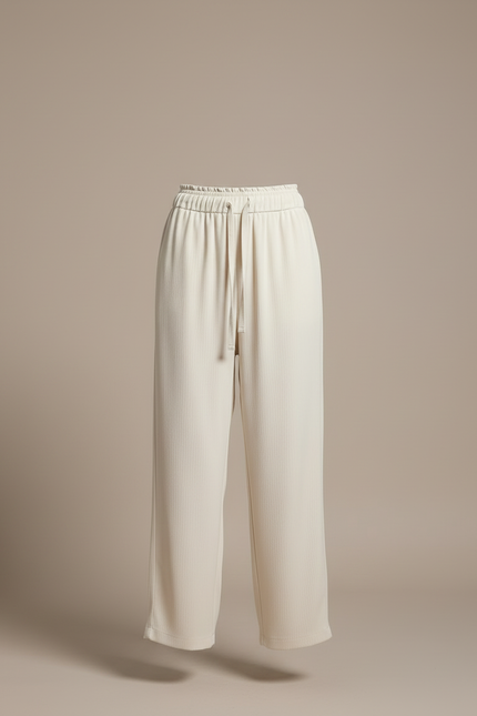 Pantalon Blanc Fluide Ample Cordon Décontracté Femme - Beige Maille - vue 3