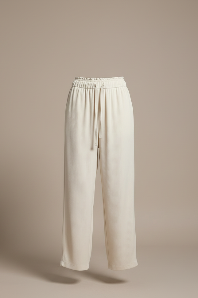 Pantalon Blanc Fluide Ample Cordon Décontracté Femme - Beige Maille - vue 3