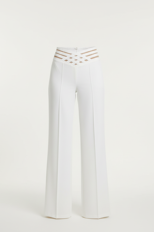 Pantalon Blanc Taille Haute Évasé Élégant Femme - Polyester - vue 3