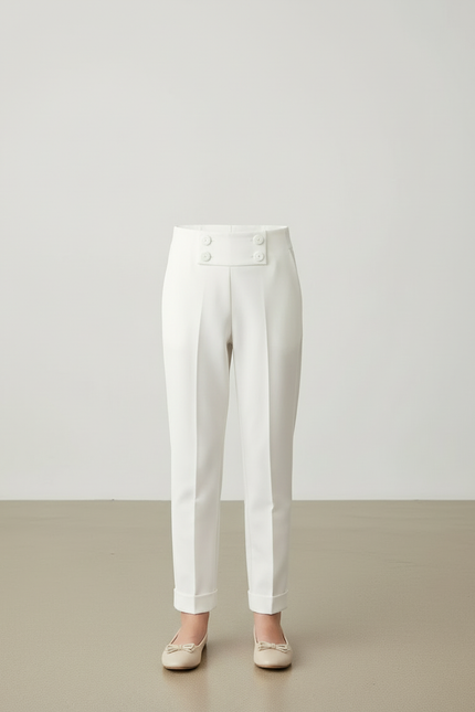 Pantalon Blanc Droit Boutons Taille Haute Élégant - Gabardine - vue 3