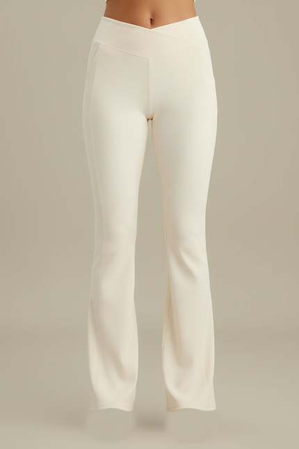Pantalon Blanc Côtelé Évasé Taille Croisée Femme - Beige Maille - vue 3