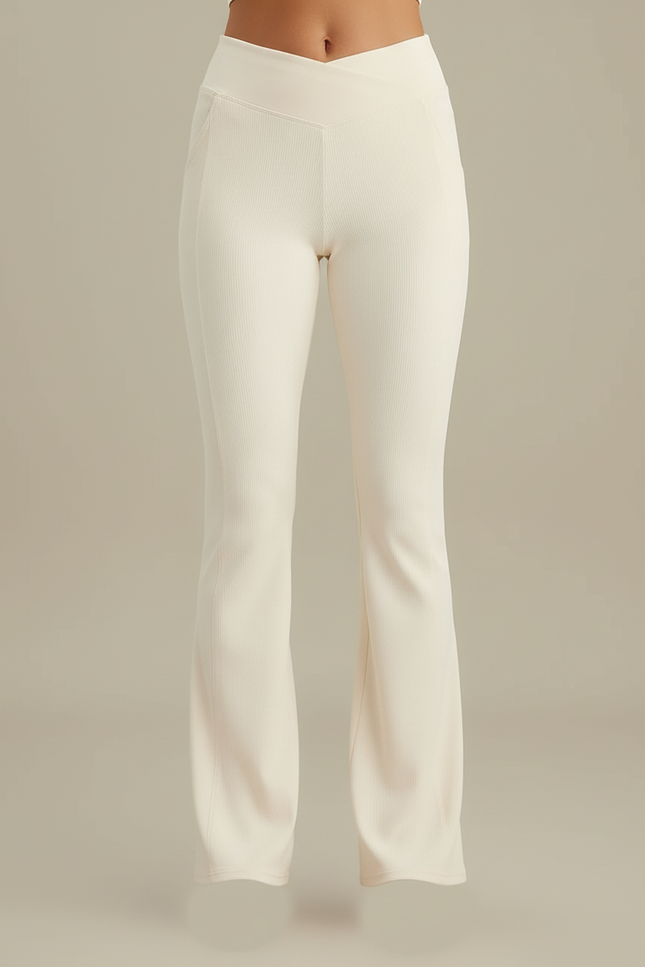 Pantalon Blanc Côtelé Évasé Taille Croisée Femme - Beige Maille - vue 3