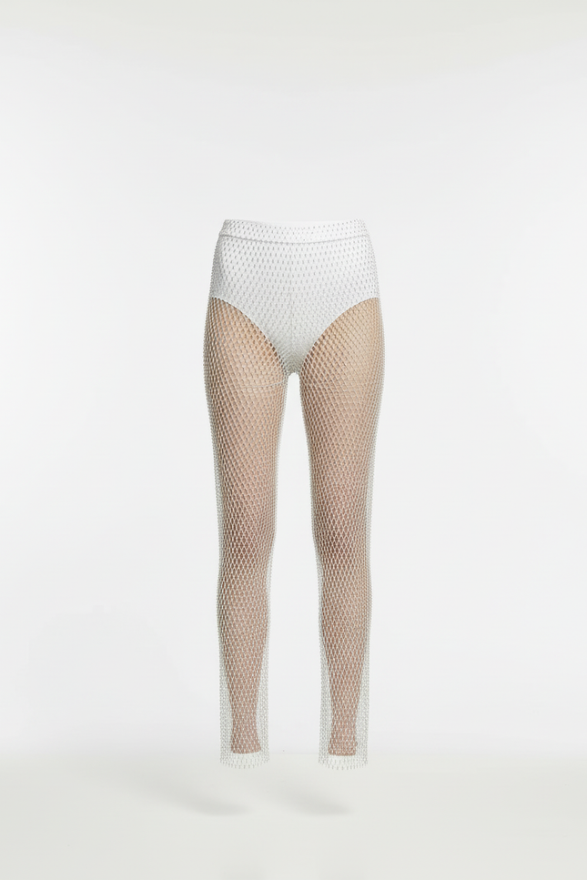 Pantalon Blanc Résille Strass Transparent Sexy Clubwear - Argenté Maille - vue 3