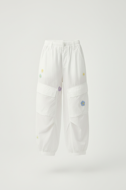 Pantalon Blanc Cargo Ample Brodé Fleurs Enfant - Polyester - vue 3