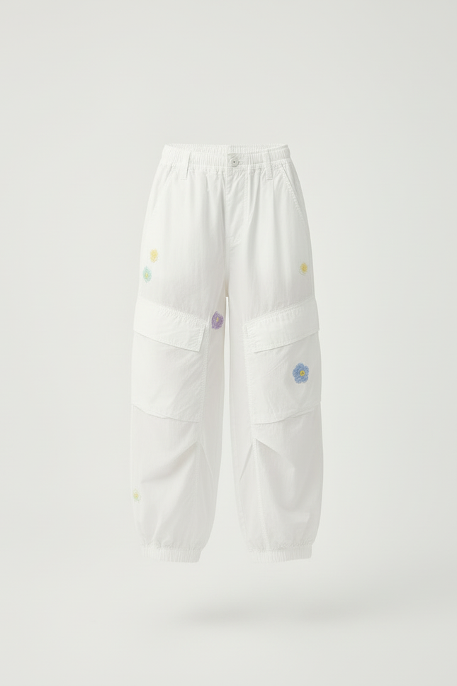 Pantalon Blanc Cargo Ample Brodé Fleurs Enfant - Polyester - vue 3