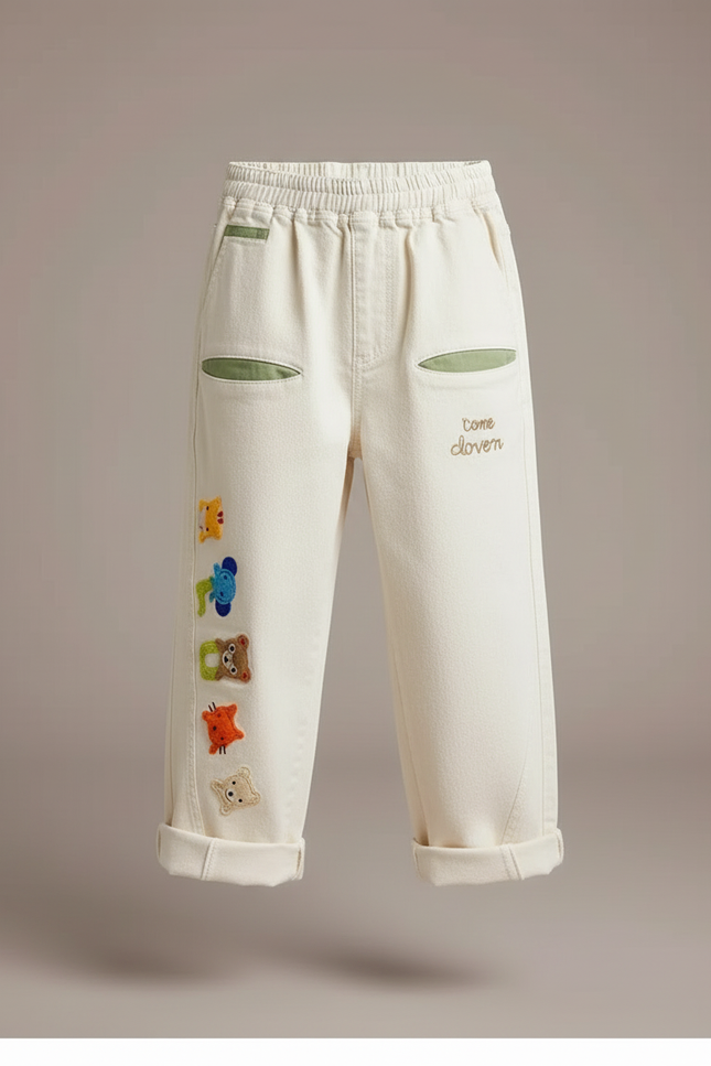 Pantalon Blanc Brodé Cartoon Ample Enfant Coton - vue 3