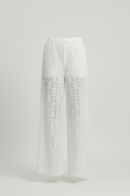 Pantalon Blanc Brodé Ample Translucide Fluide Élégant - Polyester - vue 3